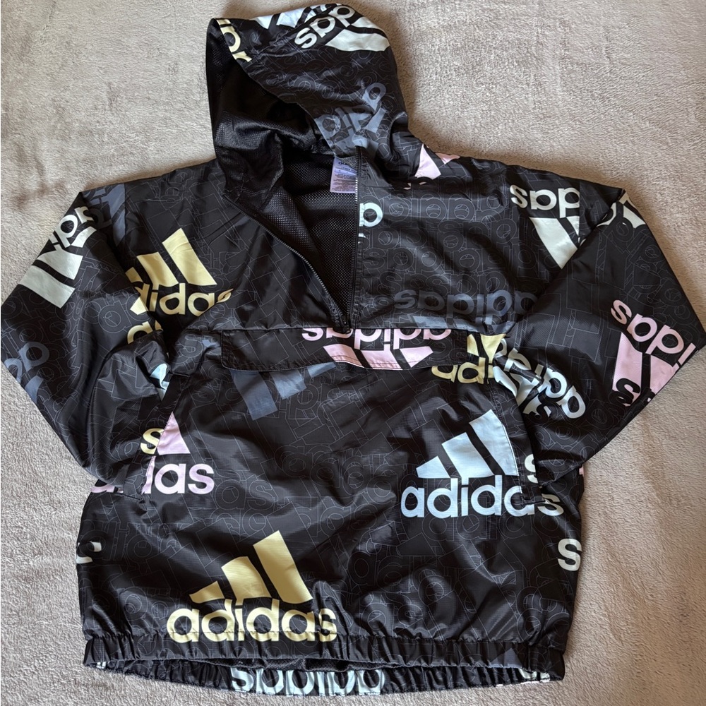 Adidas Black and Pastel Logo Windbreaker girls size 14
